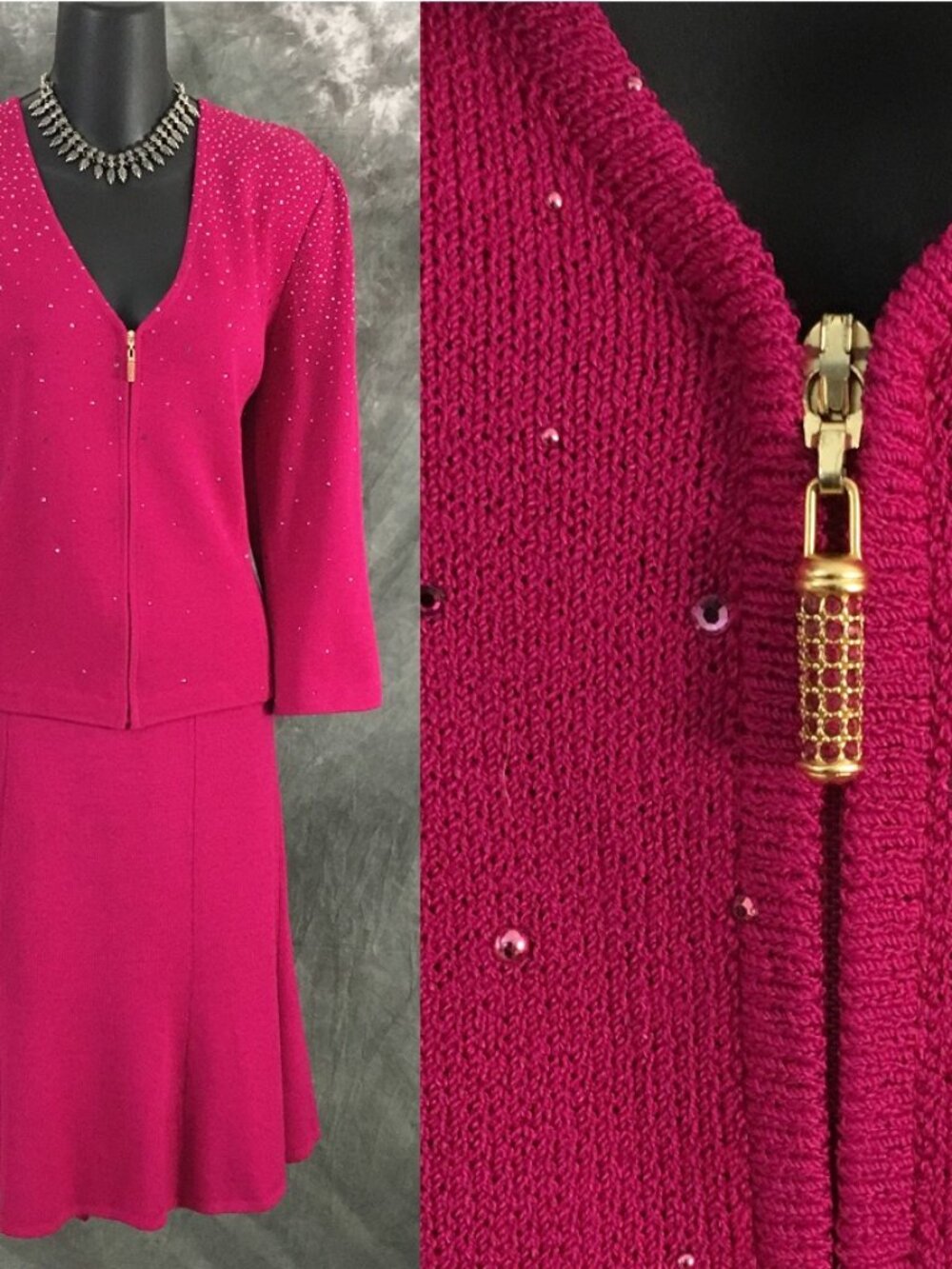 BEAUTIFUL St John evening knit pink rhinestone embellished skirt suit 14